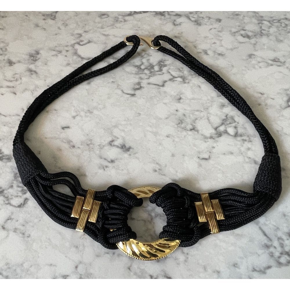 Belt Braided Women's Small Stretch Gold Tone Hoop Black Nylon Vintage 1990's Y2K